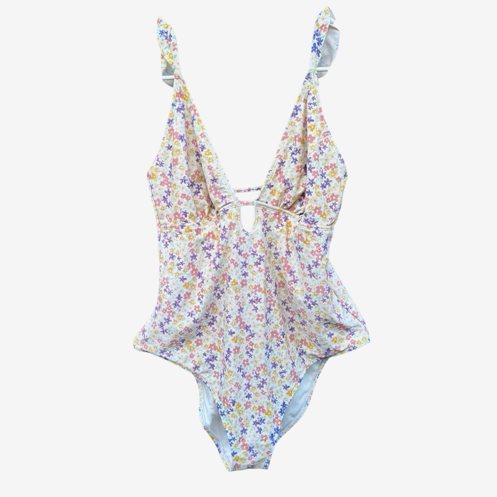 Shade & Shore Ruffle Shoulder Plunge One Piece Swimsuit Large Ditsy Floral Boho